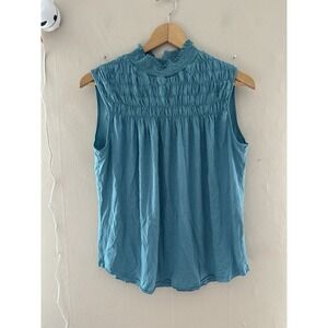Sundance Womens Smoked Sleeveless Top Size L Blue Teal Mature Coastal Mock Neck